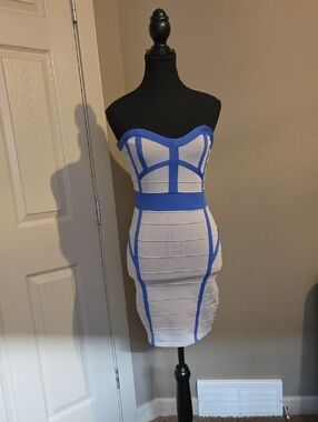 WOW couture Strapless Grey Dress with Bold Blue Accents